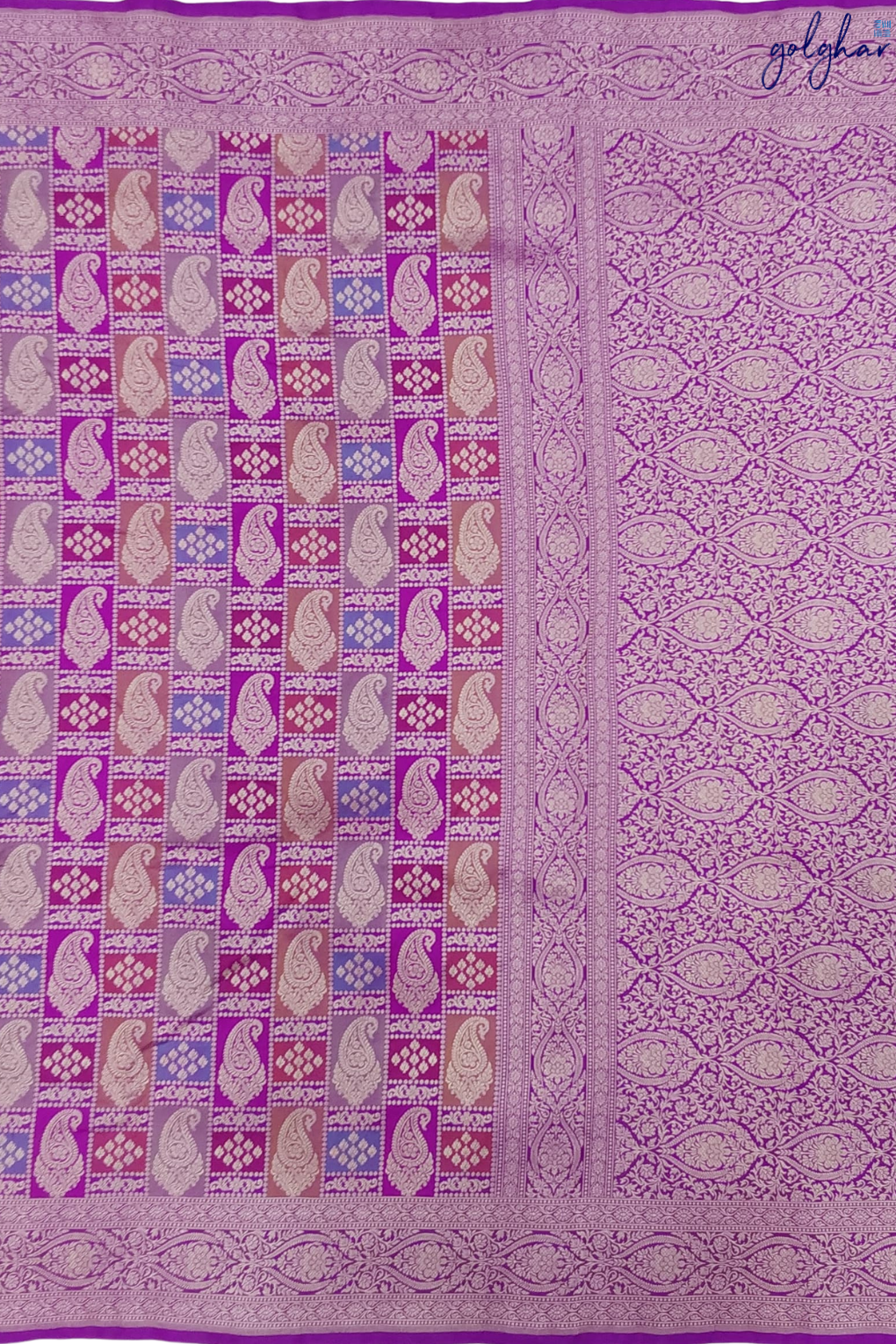 The Satin Check Buta Weave Purple Handloom Banarasi Saree