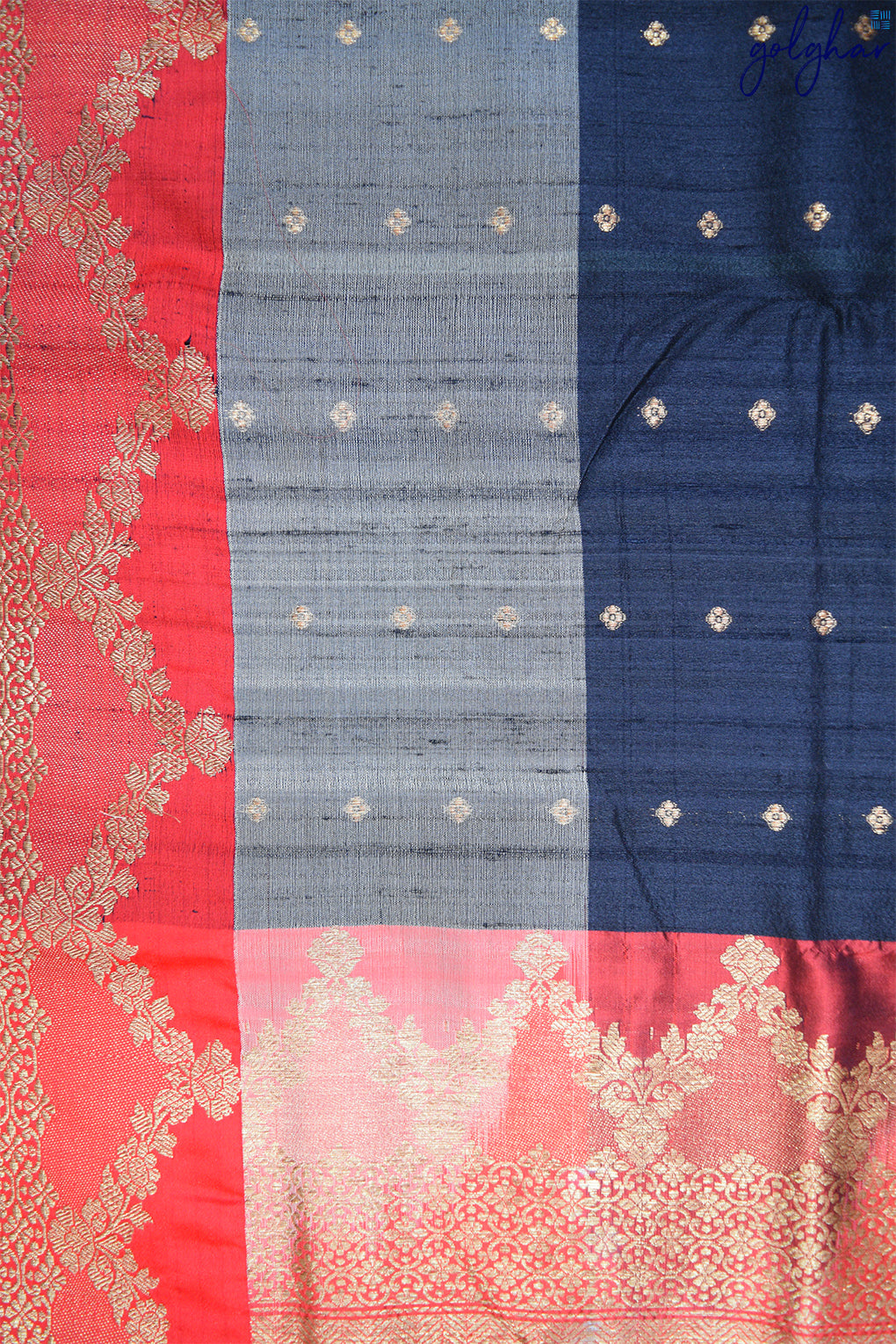Black and Grey Panel Weaved Handloom Banarasi Saree