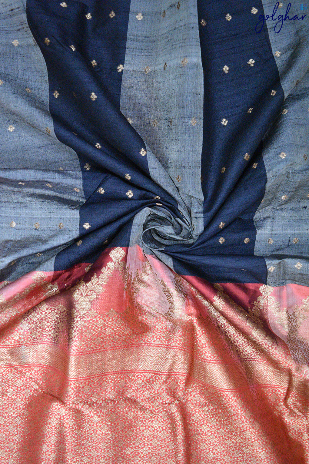 Black and Grey Panel Weaved Handloom Banarasi Saree