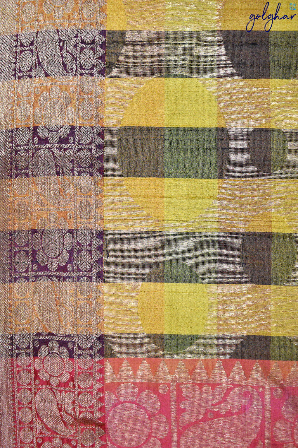Pure Silk Mustard and Brown Check Weave Saree