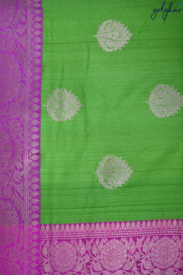 Dupion Silk Parrot Green Handloom Kadhua Weave Saree