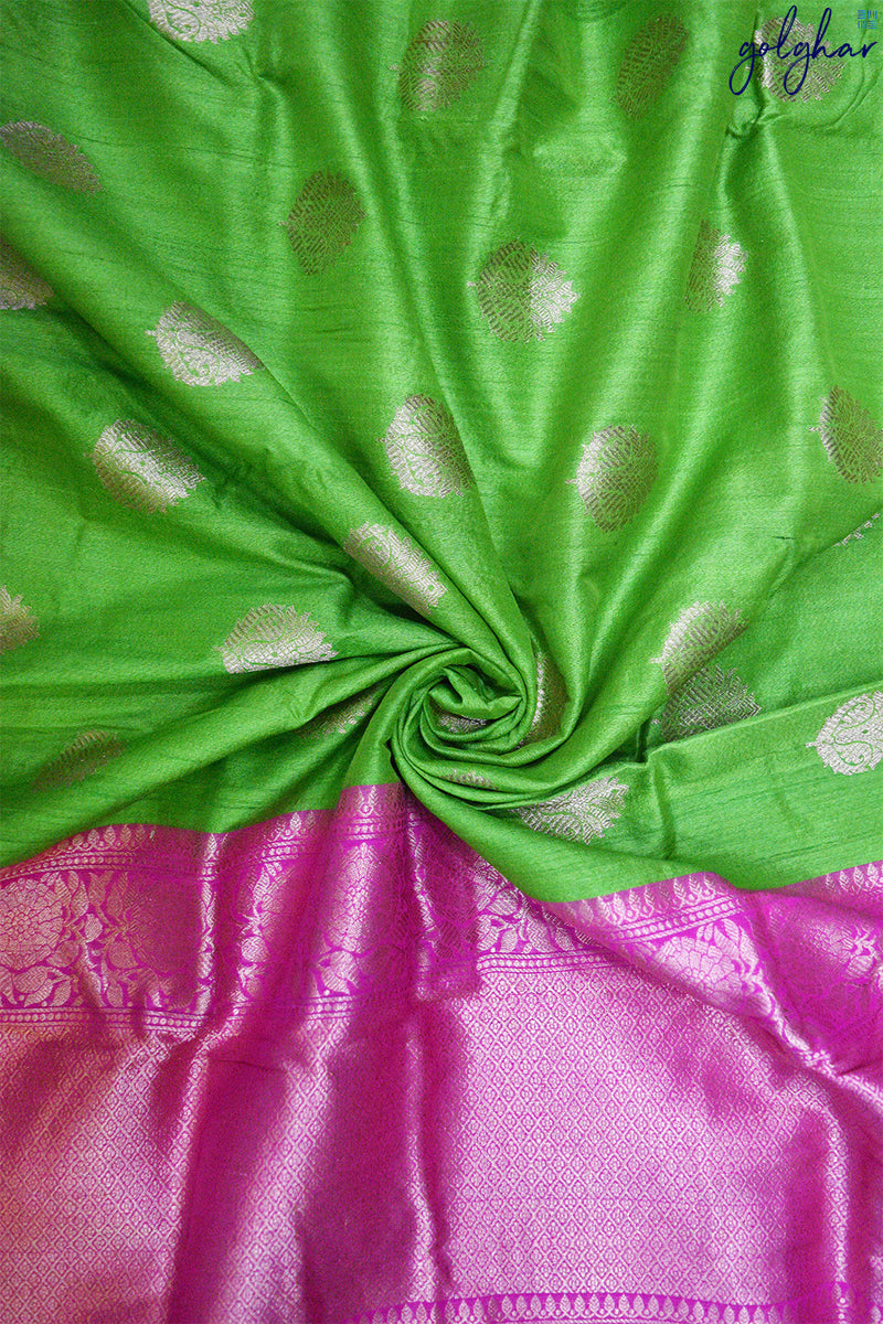 Dupion Silk Parrot Green Handloom Kadhua Weave Saree