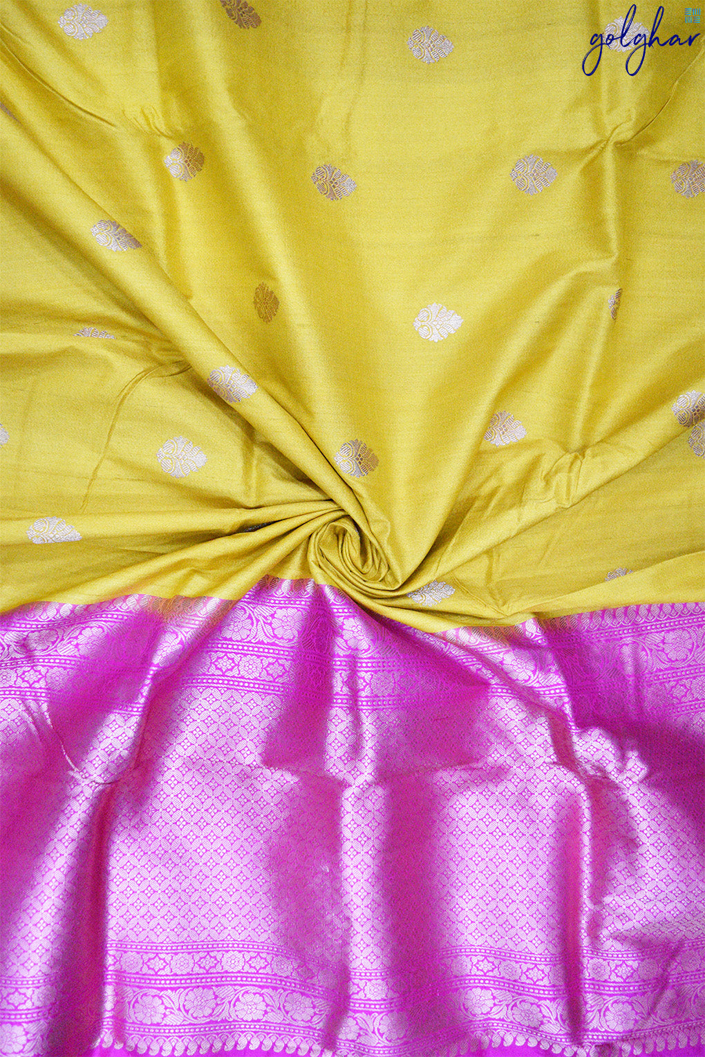 Dupion Silk Yellow Handloom Kadhua Weave Saree